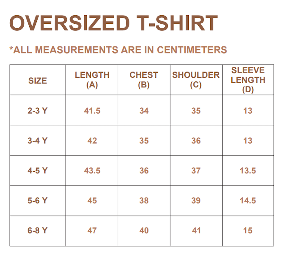 Oversized t-shirt size chart table in centimeters