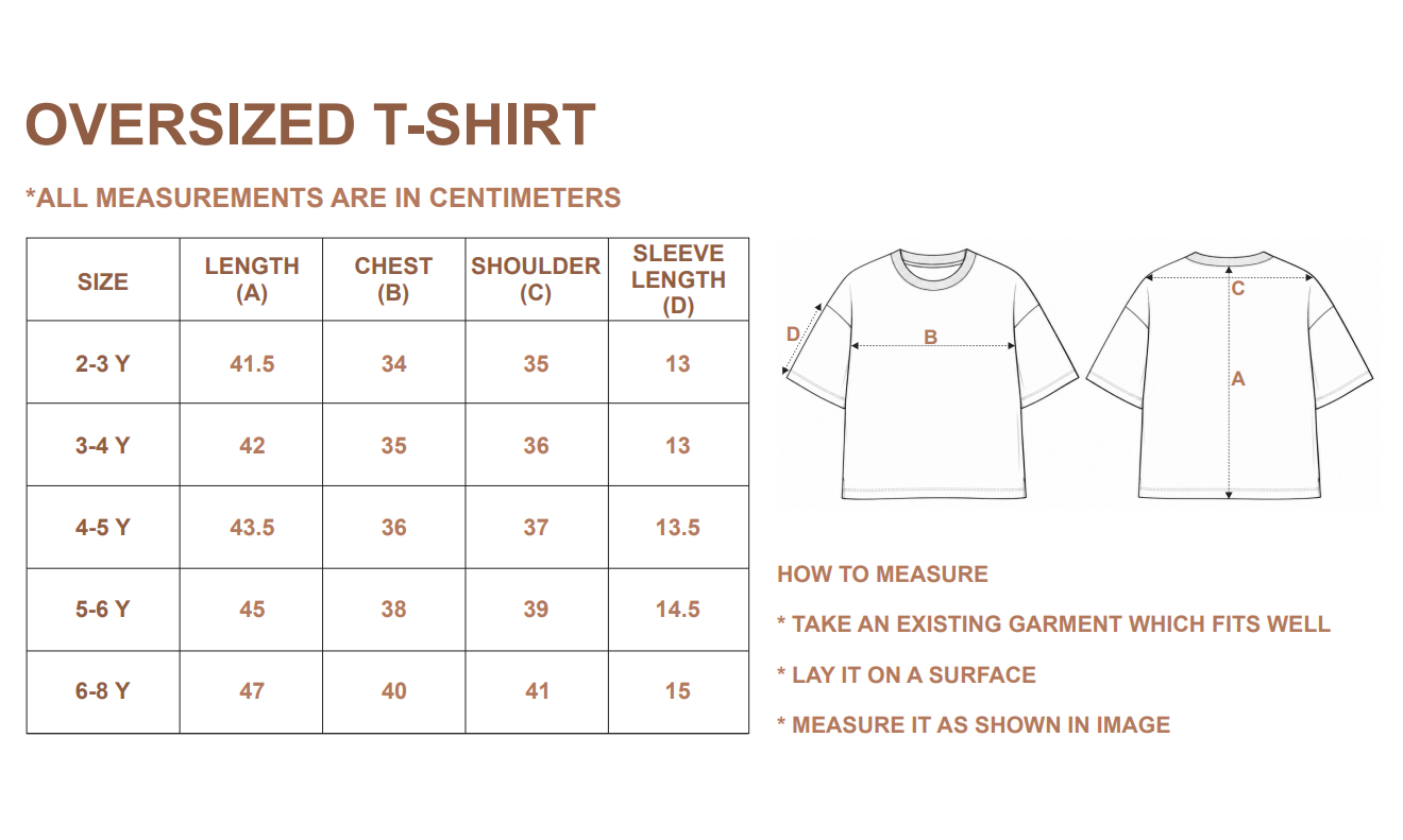 Oversized t-shirt size chart with measurements in centimeters